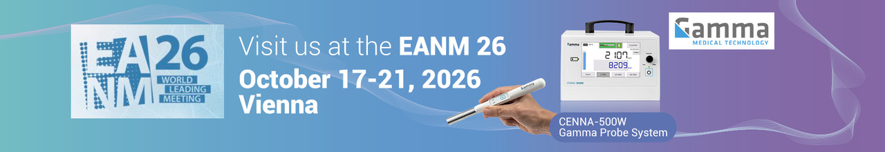 Banner zeigt EANM26 Termin in Wien mit medizinischem Gerät und Hand in Blauviolett